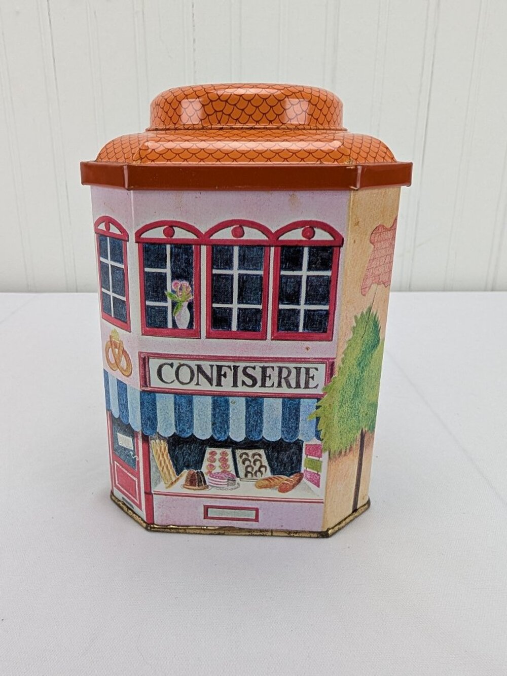 Vintage Metal Tin Confiserie French Town Scene Home Decor Storage Container